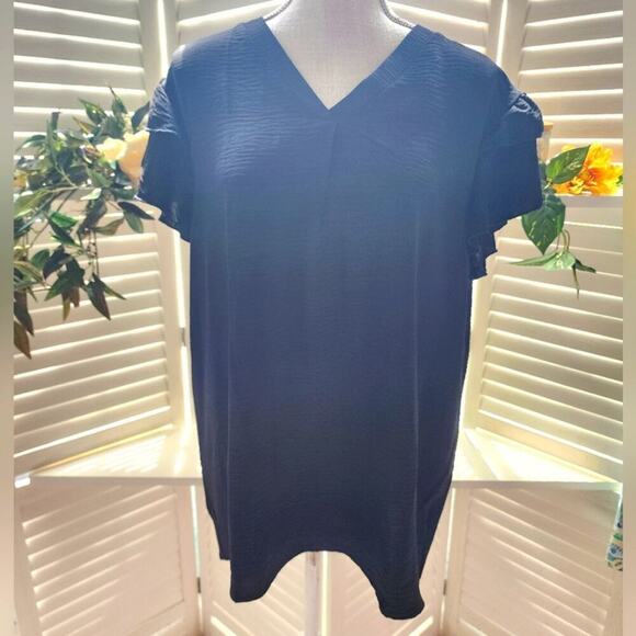BOUTIQUE BLACK NWOT DOUBLE RUFFLE CAP SLEEVE V NECK  MULTIPLE SIZES - Picture 1 of 6